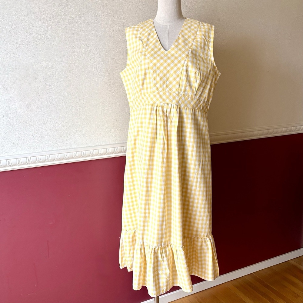 Handmade Yellow Gingham Cotton Prairie Dress Cottage Empire Waist State Fair Win - Picture 2 of 9